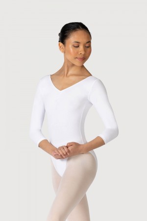 Women's Bloch Page Gathered ¾ Sleeve Leotards White | USXMI19041