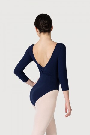 Women's Bloch Page Gathered ¾ Sleeve Leotards Navy | USEGJ73101