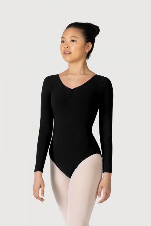 Women's Bloch Parla Gathered Long Sleeve Leotards Black | TUSWZ96188