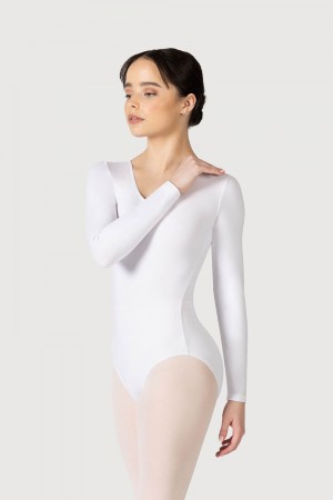 Women's Bloch Parla Gathered Long Sleeve Leotards White | PUSER75920