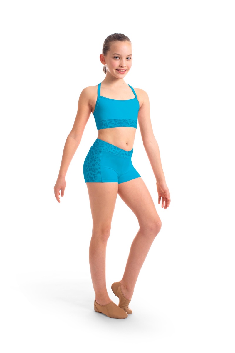 Kids' Bloch Abiana Animal Printed Mesh Racer Back Crop Tops Turquoise | USIIZ63650