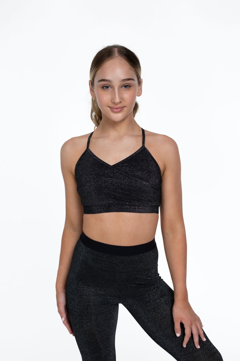 Kids' Bloch Flo Active Hayley Front Lurex Crop Tops Black | USEAH34555