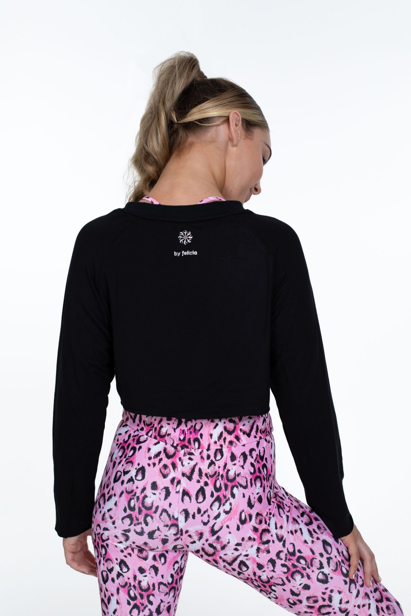 Kids' Bloch Flo Active Ocean Long Sleeve Raglan Crop Tops Black | USIIZ34713