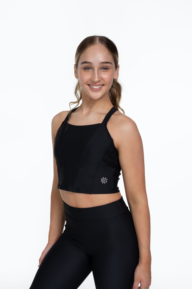 Kids' Bloch Flo Active Shelby Seamed Cross Back Tops Black | EUSVG94336