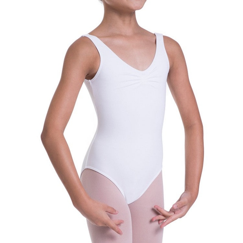 Kids' Bloch Overture Odetta Sleeveless Pleat Leotards White | EUSHC78054