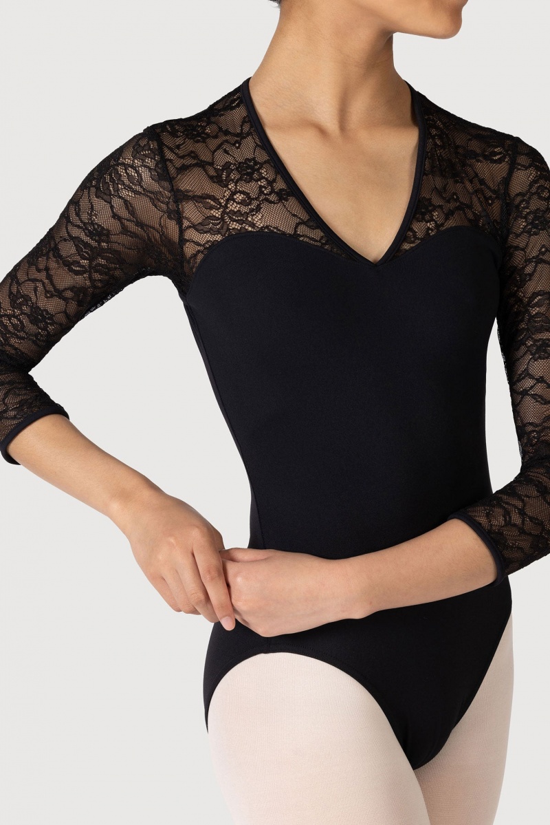 Women's Bloch Kate 3/4 Sleeve Lace Leotards Black | PUSER84567