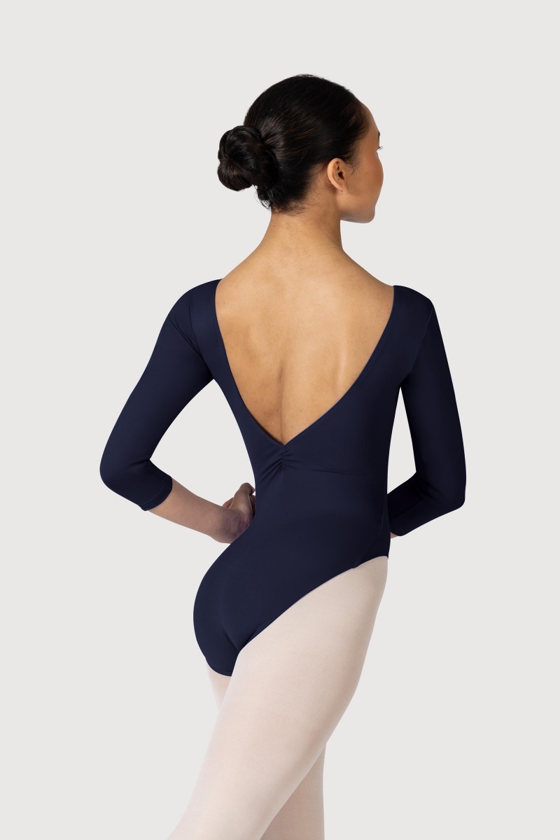 Women's Bloch Microlux™ Nona Gathered Front & Back Sleeve Leotards Navy | USNEJ53655