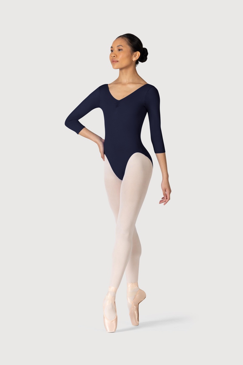 Women's Bloch Microlux™ Nona Gathered Front & Back Sleeve Leotards Navy | USNEJ53655