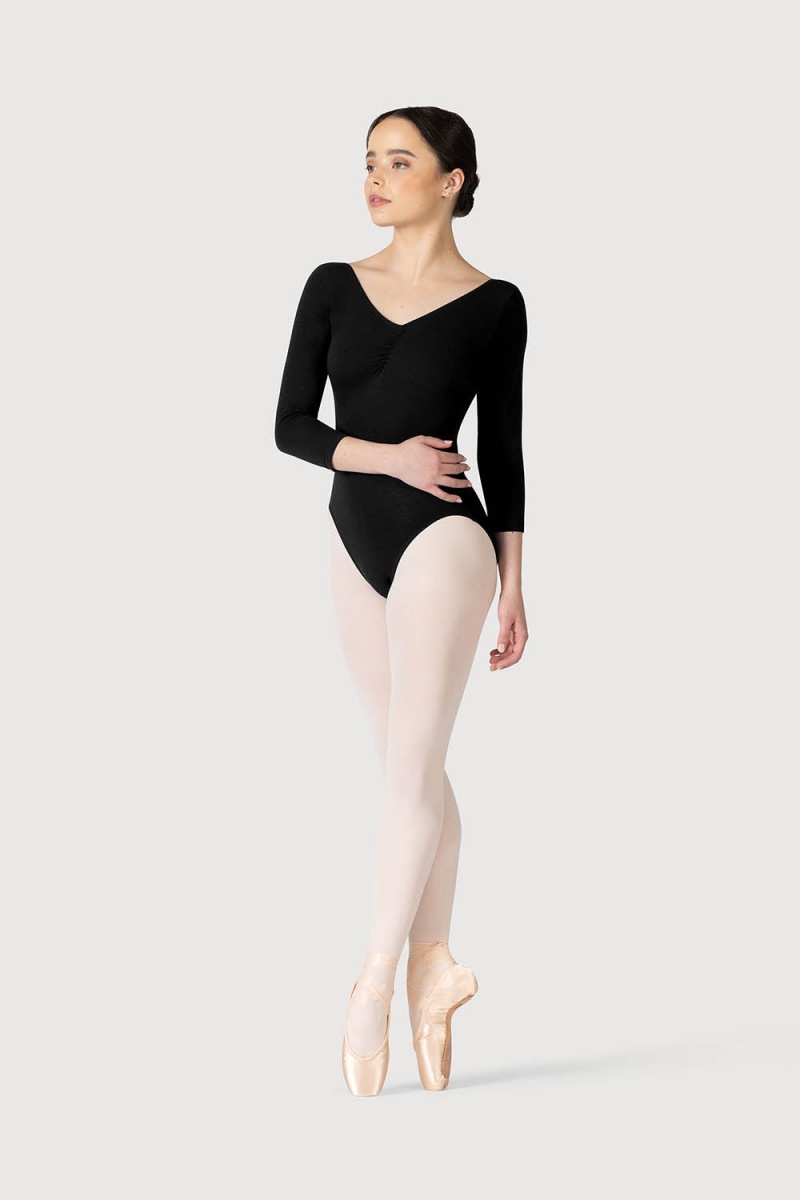 Women's Bloch Page Gathered ¾ Sleeve Leotards Black | BUSSO16631