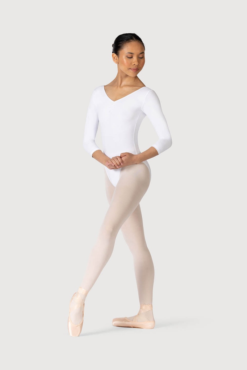 Women's Bloch Page Gathered ¾ Sleeve Leotards White | USXMI19041