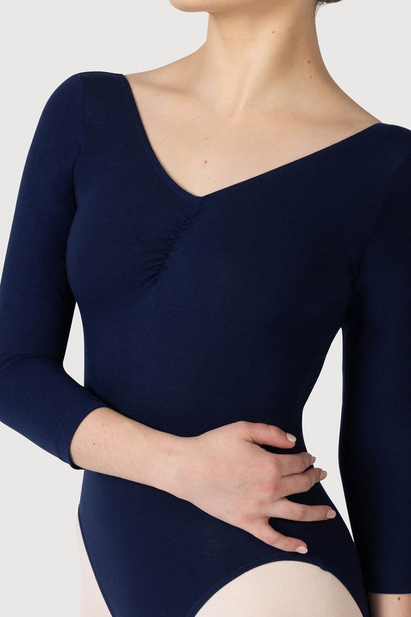 Women's Bloch Page Gathered ¾ Sleeve Leotards Navy | USEGJ73101